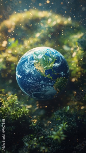 miniature lush green planet floating in space detailed continents tiny oceans wispy clouds starry background environmental concept fragile beauty of earth