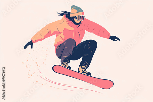 Snowboarder jumping in the air in a colorful vector illustration.