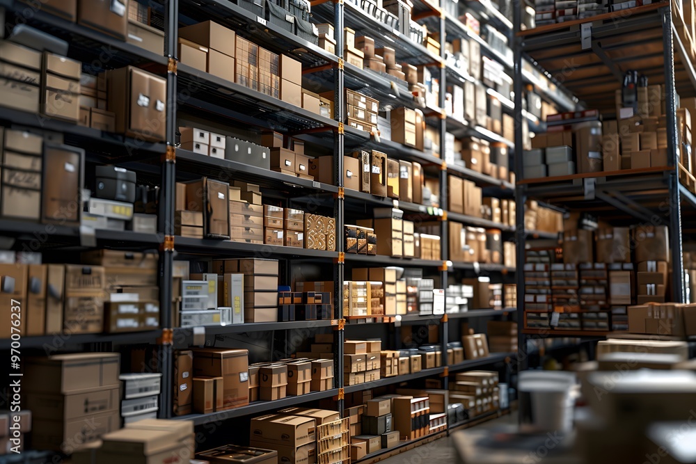 Organized Warehouse Filled with Stacked Boxes and Shelves Organized Warehouse Filled with Stacked Boxes and Shelves