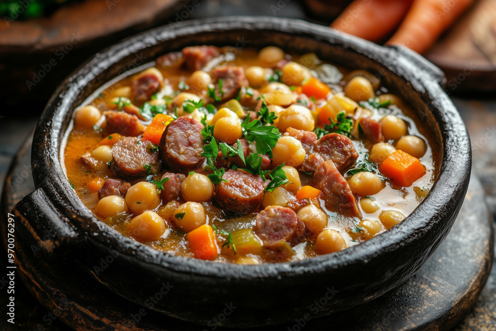 Warm and comforting chickpea stew with sausage and vegetables served in a rustic bowl, perfect for a cozy evening meal Warm and comforting chickpea stew with sausage and vegetables served in a rustic bowl, perfect for a cozy evening meal