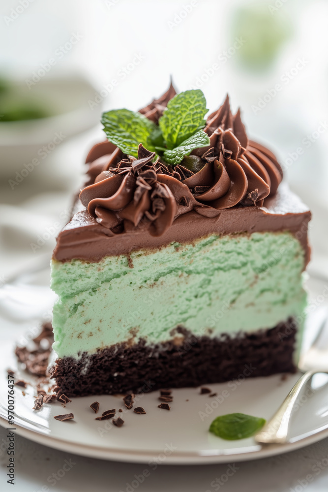 Indulgent chocolate mint cake served on a delicate plate with a warm beverage in the background Indulgent chocolate mint cake served on a delicate plate with a warm beverage in the background