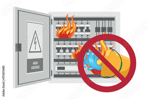 Do not extinguish with water. Dangerous reaction from the application of water to a burning substance. Electrical panel short circuited and on fire. Do not putting out the fire with a bucket of water
