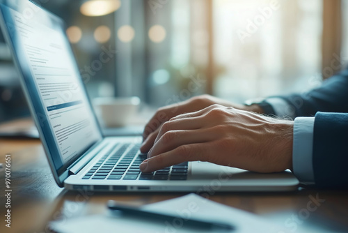 Close-up view of a businessman focused on data analysis while working on a laptop at a cozy office during early evening hours