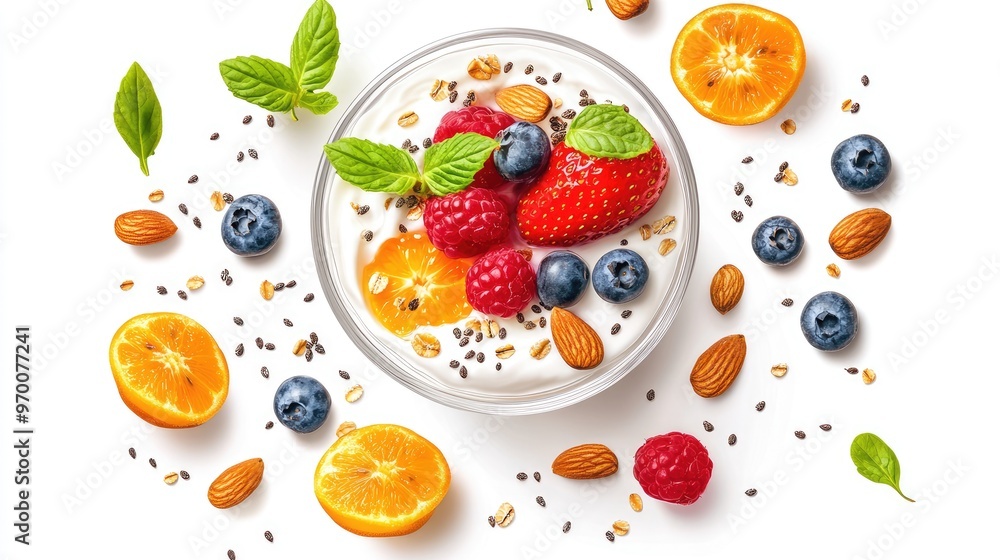 Healthy Yogurt Bowl with Fresh Berries, Nuts, and Orange Slices Healthy Yogurt Bowl with Fresh Berries, Nuts, and Orange Slices