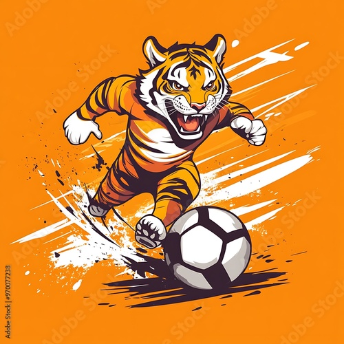 Tiger soccer player mascot kicking a ball on orange background photo