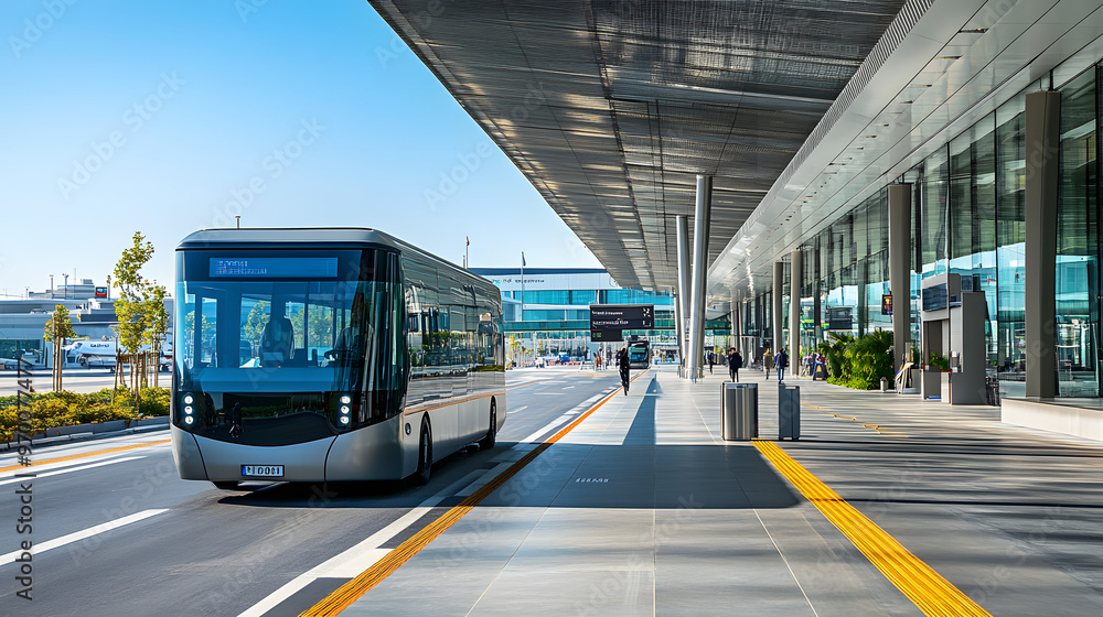 A modern airport with electric shuttle buses transporting passengers between terminals. A modern airport with electric shuttle buses transporting passengers between terminals.