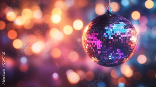 A Disco Ball Hanging Against a Blurry Background of Colorful Lights