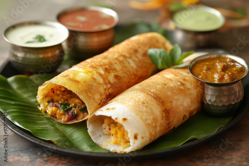 Delicious dosas served on fresh banana leaves alongside vibrant chutneys and savory sambar at a bustling Indian restaurant