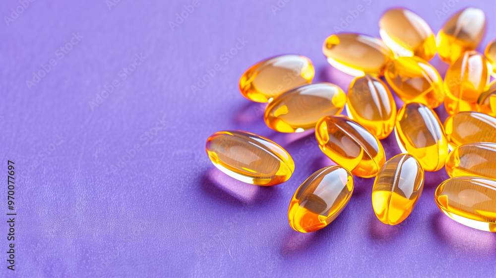 Gel capsules and supplements on vibrant purple background Gel capsules and supplements on vibrant purple background