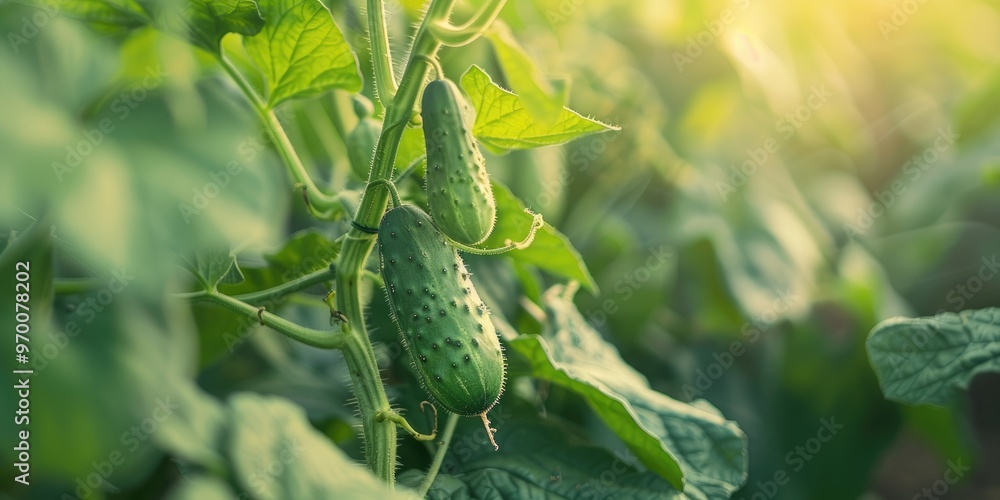 Fresh green cucumber growing on the vine in a vegetable garden Agriculture concept Fresh green cucumber growing on the vine in a vegetable garden Agriculture concept