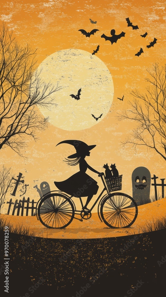 Fototapeta premium A witch rides her bicycle with a cat in the basket, passing through a graveyard at dusk, greeted by cheerful skeletons