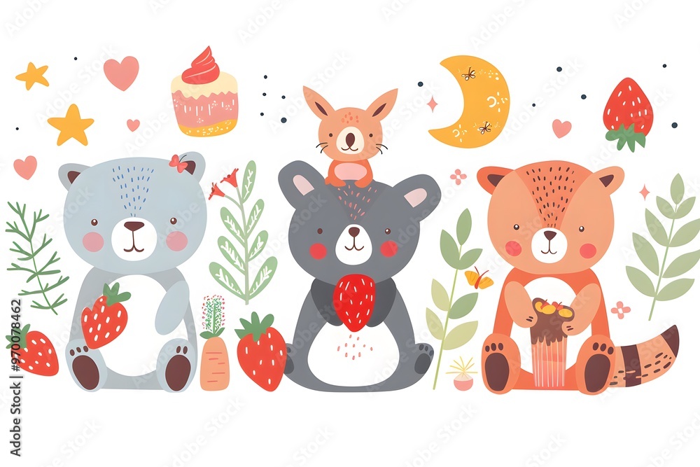 Adorable Forest Friends Enjoying Strawberries and Treats Adorable Forest Friends Enjoying Strawberries and Treats