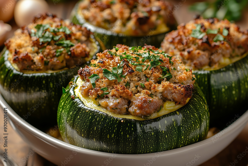 Delicious Italian-style stuffed round zucchini baked to perfection with savory filling and fresh herbs, perfect for a delightful meal Delicious Italian-style stuffed round zucchini baked to perfection with savory filling and fresh herbs, perfect for a delightful meal