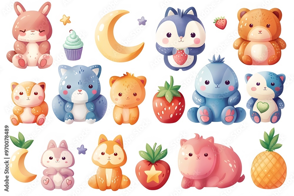 Naklejka premium Adorable Cartoon Animals and Sweet Treats in a Colorful Design