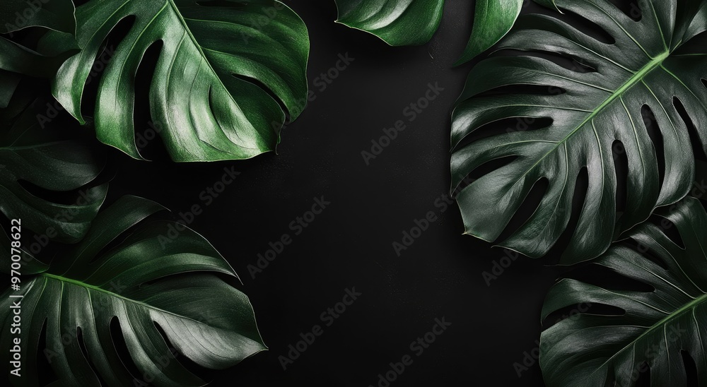 Green Monstera Leaves on Black Background. Green Monstera Leaves on Black Background.