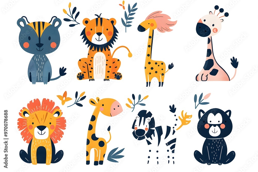 Fototapeta premium Adorable Cartoon Animals in a Colorful Jungle Scene