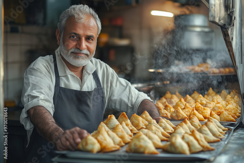 A skilled Halwai proudly showcases a delectable array of golden samosas at his bustling sweet shop in the heart of the city