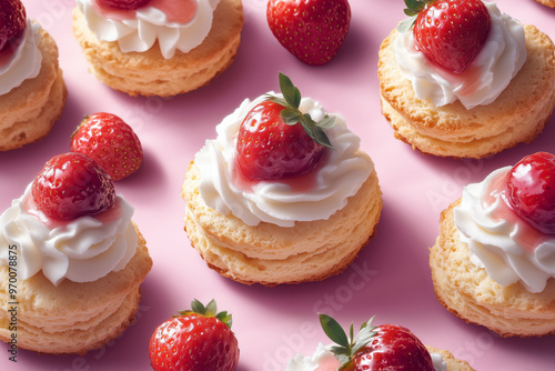 Deliciously crafted seamless scones adorned with strawberries and cream for an elegant British afternoon tea experience