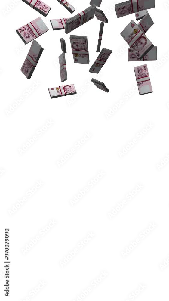 Vertical 1000 Singapore Dollars Banknotes Falling Animation on White Screen Vertical 1000 Singapore Dollars Banknotes Falling Animation on White Screen