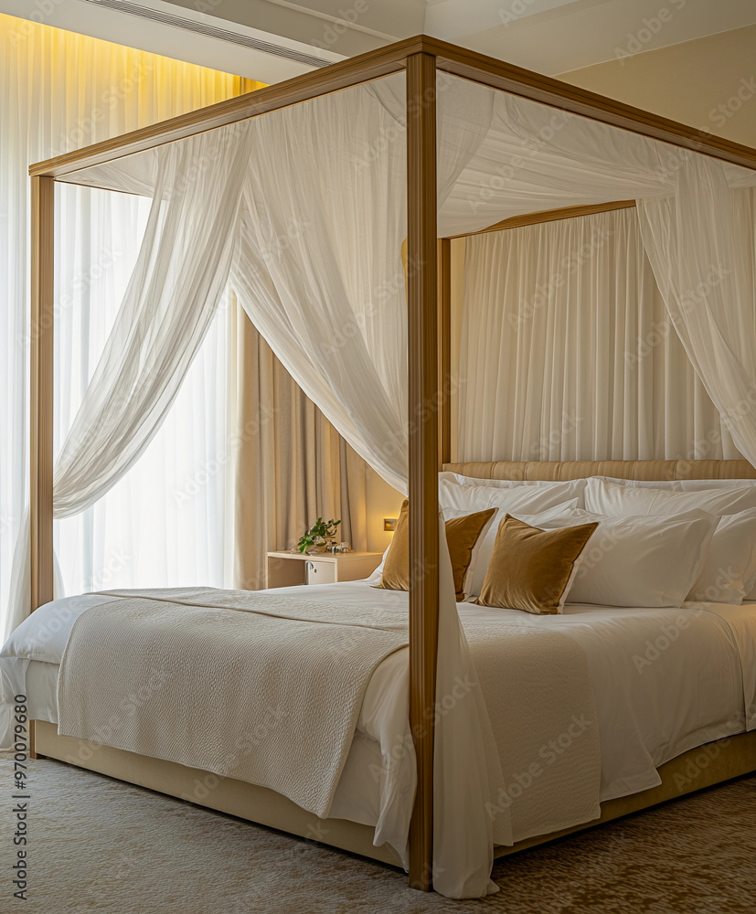 canopy bed in a contemporary palace suite, plush upholstered frame, sheer white curtains, gold and cream color scheme canopy bed in a contemporary palace suite, plush upholstered frame, sheer white curtains, gold and cream color scheme