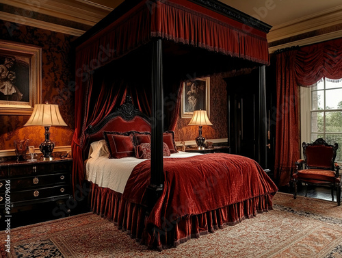 Colonial four-poster bed with a dramatic, deep red velvet canopy, set in a traditionally styled room with antique furnishings