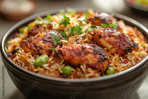 Deliciously spicy Hyderabadi chicken biryani flying through the air in an enchanting culinary display