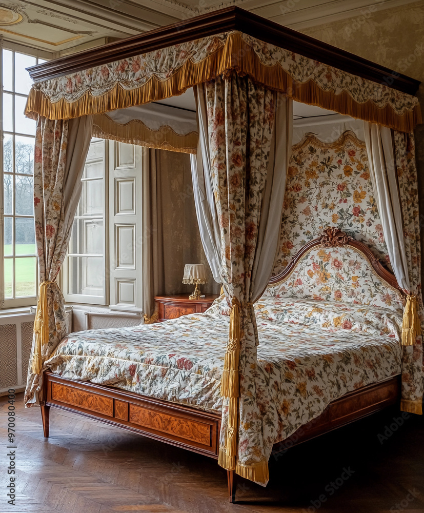 canopy bed in a traditional French chateau room, opulent floral-patterned fabric, rich walnut wood, golden tassels