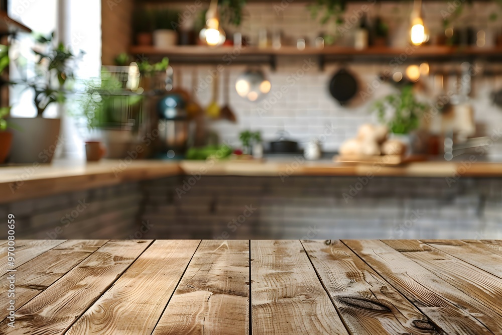 Cozy Kitchen with Rustic Wooden Countertop and Lush Greenery Cozy Kitchen with Rustic Wooden Countertop and Lush Greenery