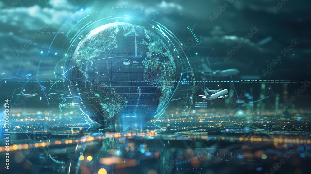 A futuristic depiction of the Earth with digital overlays, showcasing connectivity and travel in a high-tech world. A futuristic depiction of the Earth with digital overlays, showcasing connectivity and travel in a high-tech world.