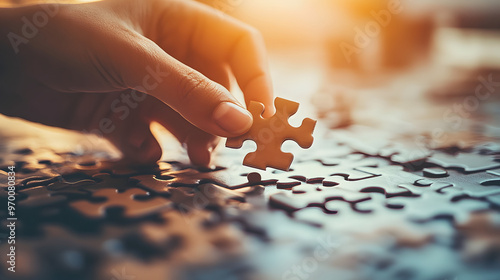 A person completing a puzzle by placing the final piece representing problem-solving and goal achievement.