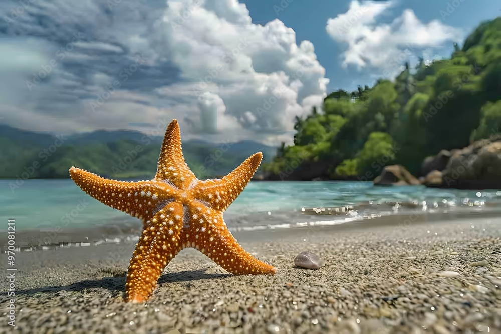 A Vibrant Starfish on a Serene Beach Shoreline A Vibrant Starfish on a Serene Beach Shoreline