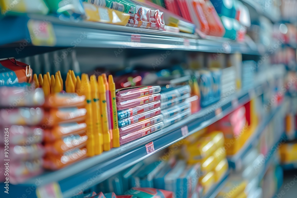 Naklejka premium Colorful Stationery Aisle Filled with Crayons and Art Supplies