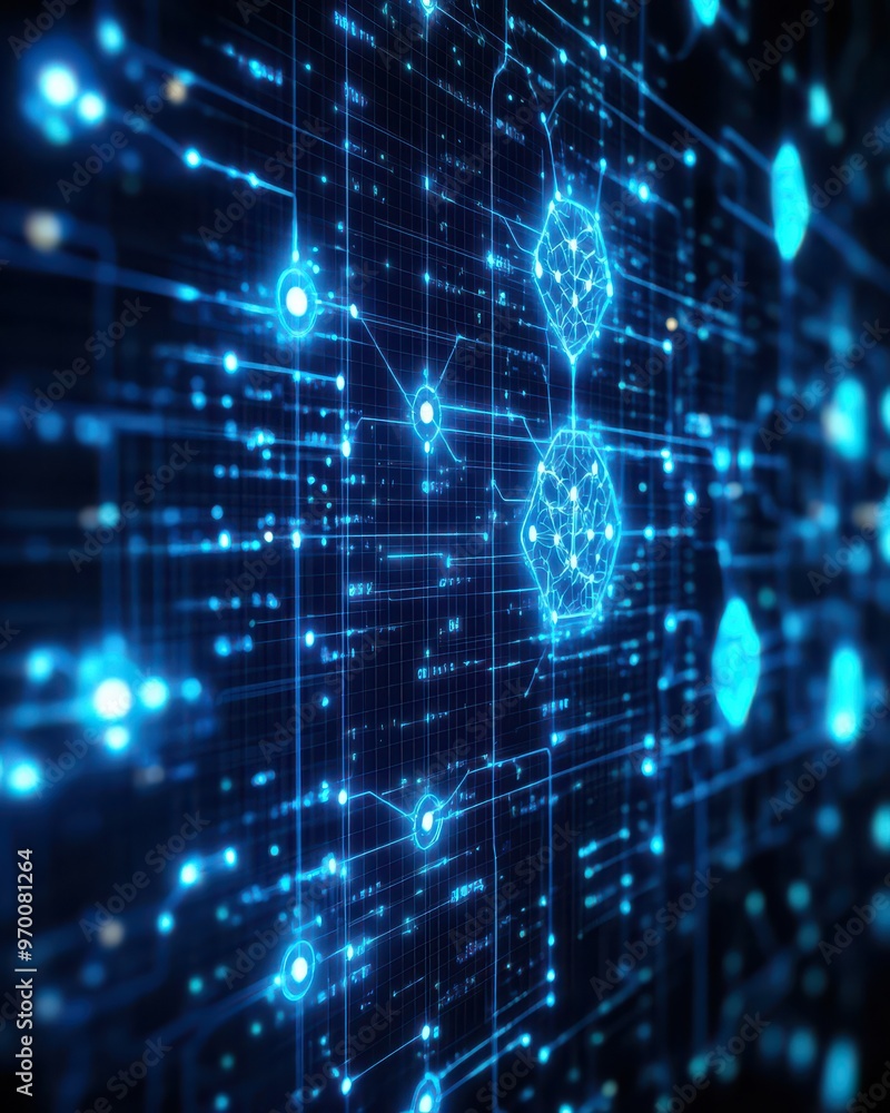 Futuristic Digital Network Visualization with Glowing Blue Nodes and Connections Depicting Advanced Computational Technology and Big Data Futuristic Digital Network Visualization with Glowing Blue Nodes and Connections Depicting Advanced Computational Technology and Big Data