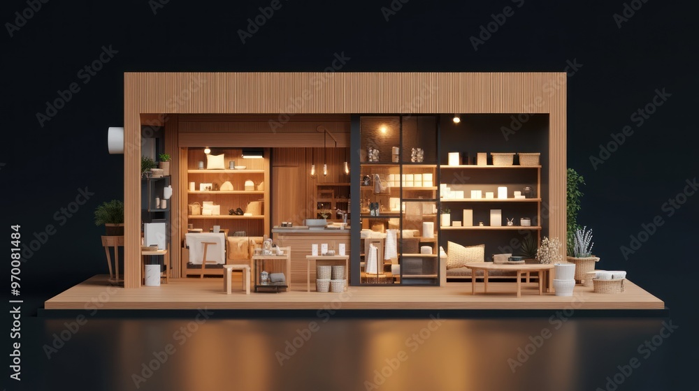 Miniature Wooden Store Model with Shelves and Lighting Miniature Wooden Store Model with Shelves and Lighting