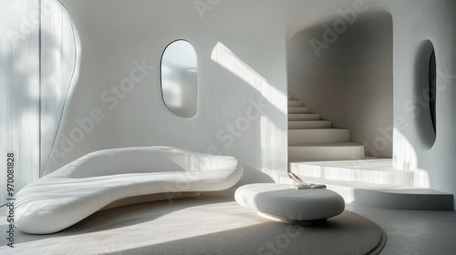 Modern White Interior with Organic Shapes and Sunlight