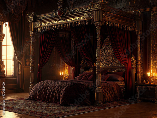 canopy bed in a majestic Renaissance-inspired room, luxurious dark velvet drapes, ornate wooden carvings, rich color palette of deep reds and golds