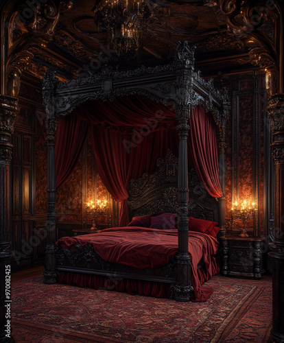 canopy bed in a majestic Renaissance-inspired room, luxurious dark velvet drapes, ornate wooden carvings, rich color palette of deep reds and golds