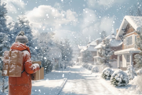 A person in an orange coat carries packages through a snowy street, surrounded by beautiful winter scenery.