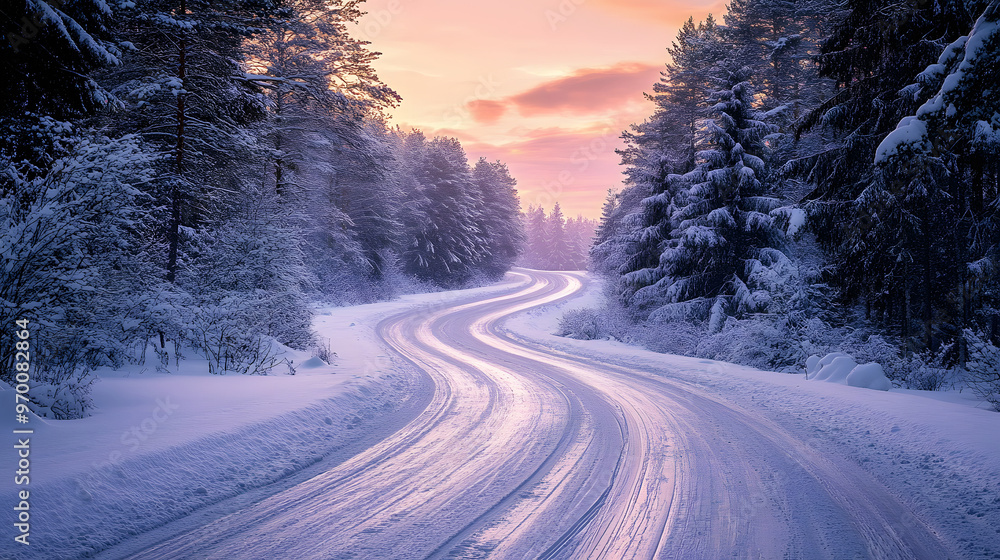 A picturesque winter road winding through a snow-covered forest under a soft pink sunset. A picturesque winter road winding through a snow-covered forest under a soft pink sunset.