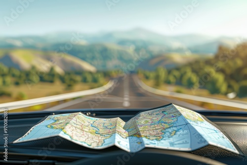 A scenic view featuring a folded map on a car dashboard overlooking an open road and lush green hills in the background. photo