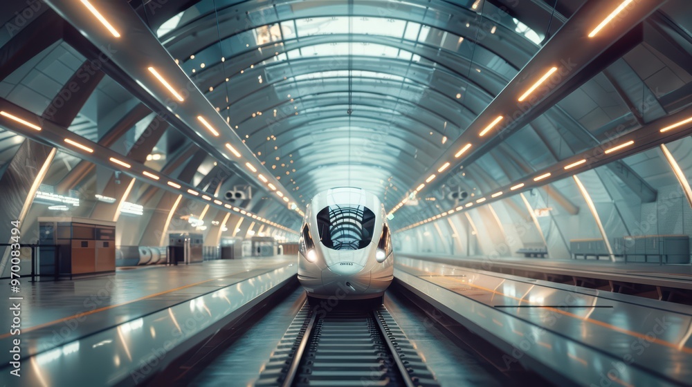 Obraz premium A sleek high-speed train waits at a modern station, showcasing innovative architecture and bright, futuristic interior design.