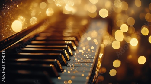Piano Keys with Golden Bokeh Lights