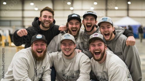 Six Young Men in Hats Smiling and Hugging