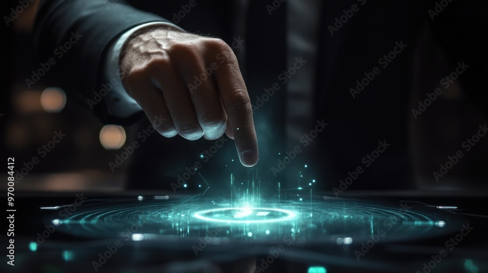 Hand Reaching Towards Glowing Blue Interface Hand Reaching Towards Glowing Blue Interface