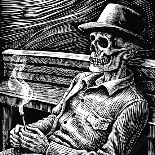 Chilling Elegance The Smoking Skeleton alone on bench