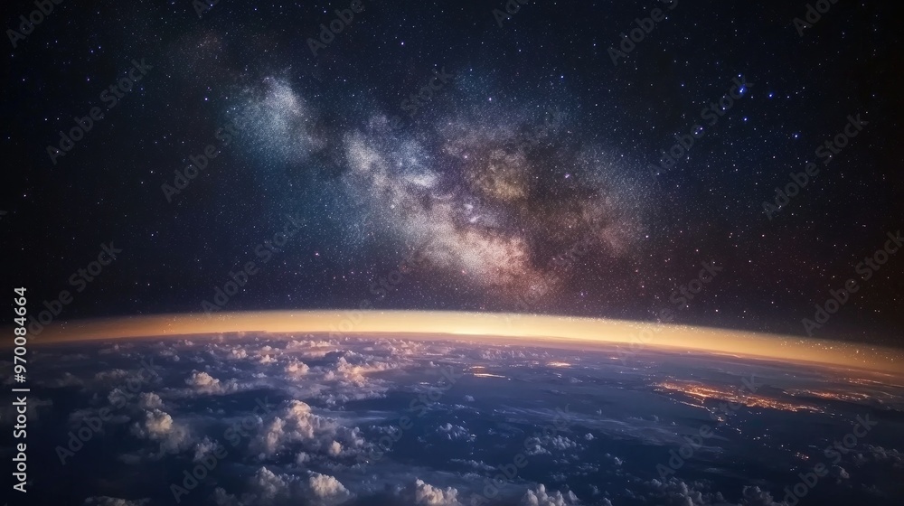 Earth at night with the Milky Way galaxy. Earth at night with the Milky Way galaxy.