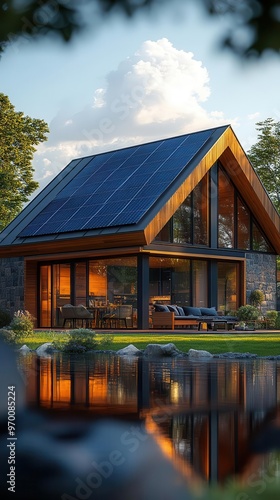 modern home with sleek solar panel array on angled roof crisp lines against vivid blue sky sustainable living concept blending technology and residential architecture