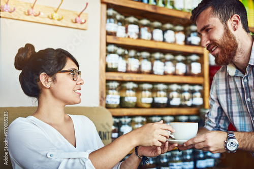 Foto Cafe, woman and man with coffee, service and waiter with smile for customer, happy or relax in morning