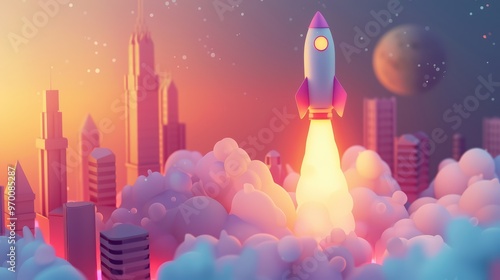 A vibrant rocket launching from a futuristic city, surrounded by colorful clouds and a distant planet, representing adventure and exploration.