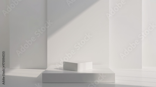 Empty Podium or Pedestal Display: On white background with box stand concept. Blank product shelf standing backdrop. 3D rendering.